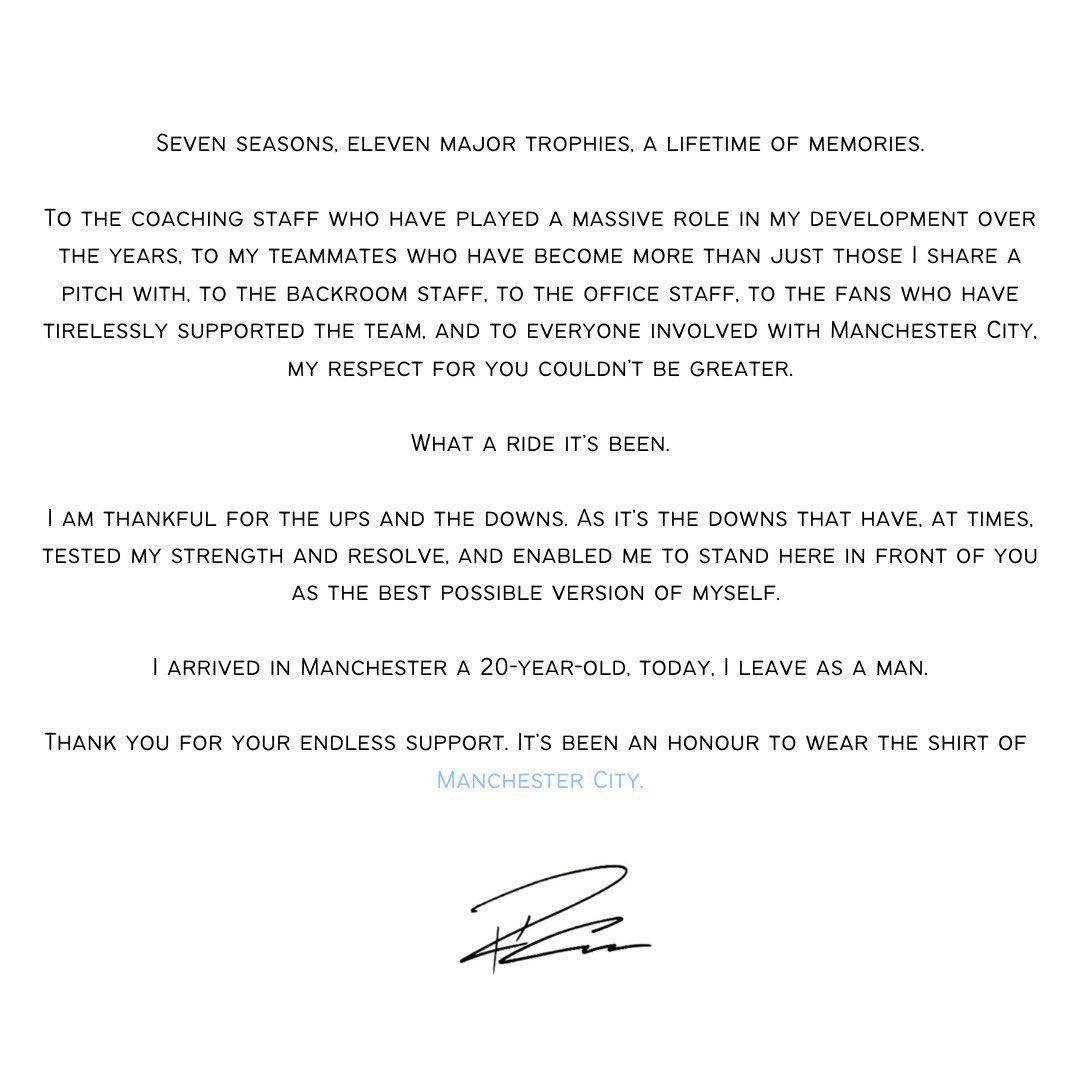 La lettre d'adieu de Raheem Sterling à Manchester City : 