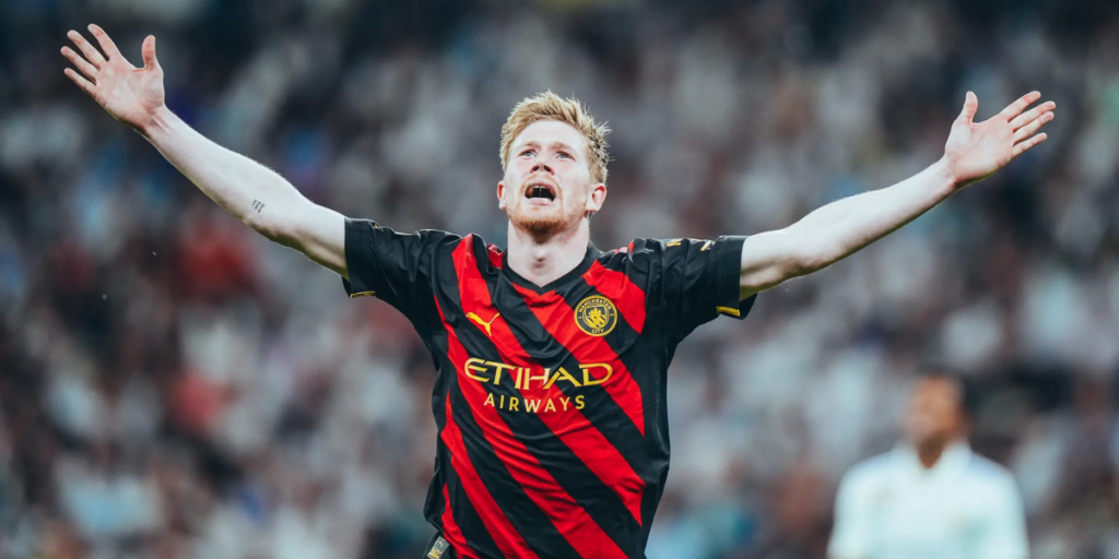 Kevin De Bruyne célèbre son but égalisateur contre le Real Madrid lors du match aller de la demi-finale de la Ligue des Champions.
